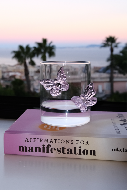 Butterfly dream glass tumbler in daylight pink