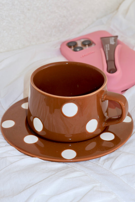 Cozy ceramic coffee cup set in mocha polka dots