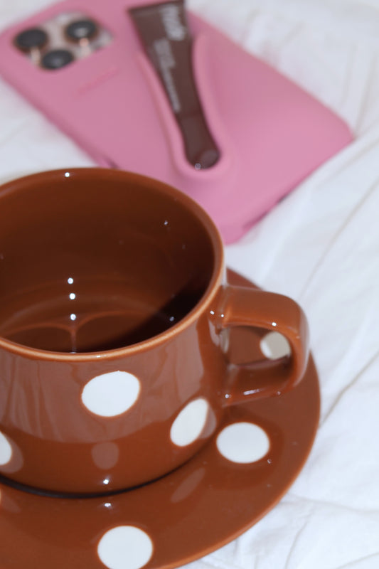 Cozy ceramic coffee cup set in mocha polka dots